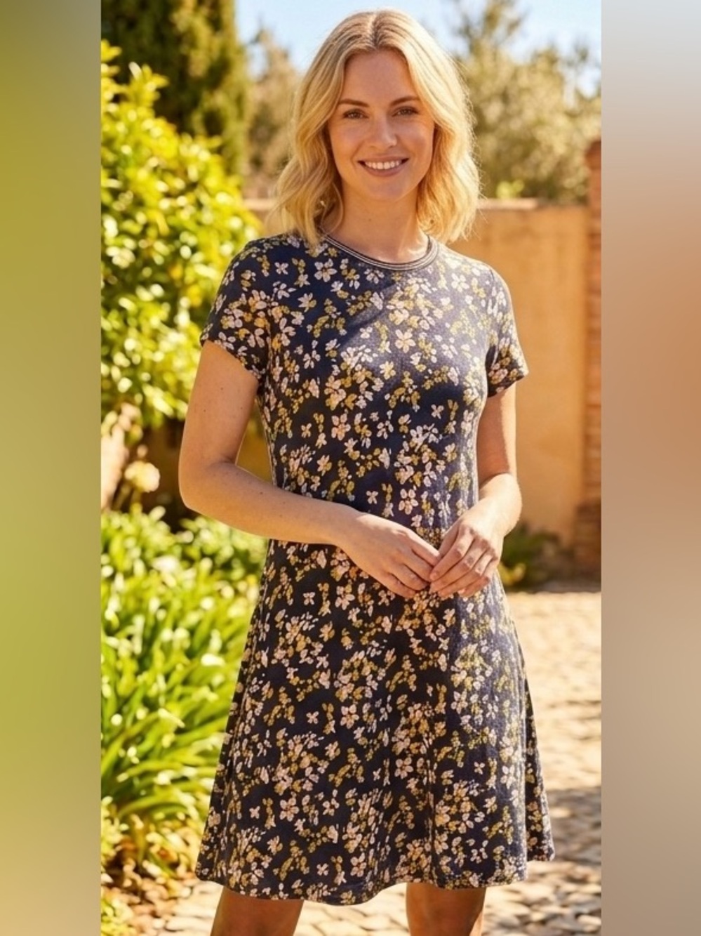 Falls Creek Navy Floral Midi Dress with Yellow and White Blossoms